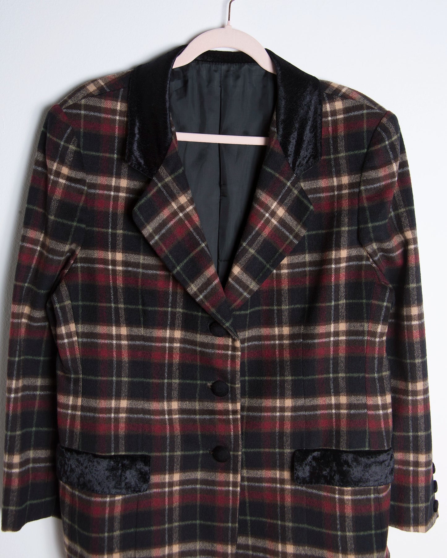 Giacca Blazer scozzese donna in lana con collo in velluto