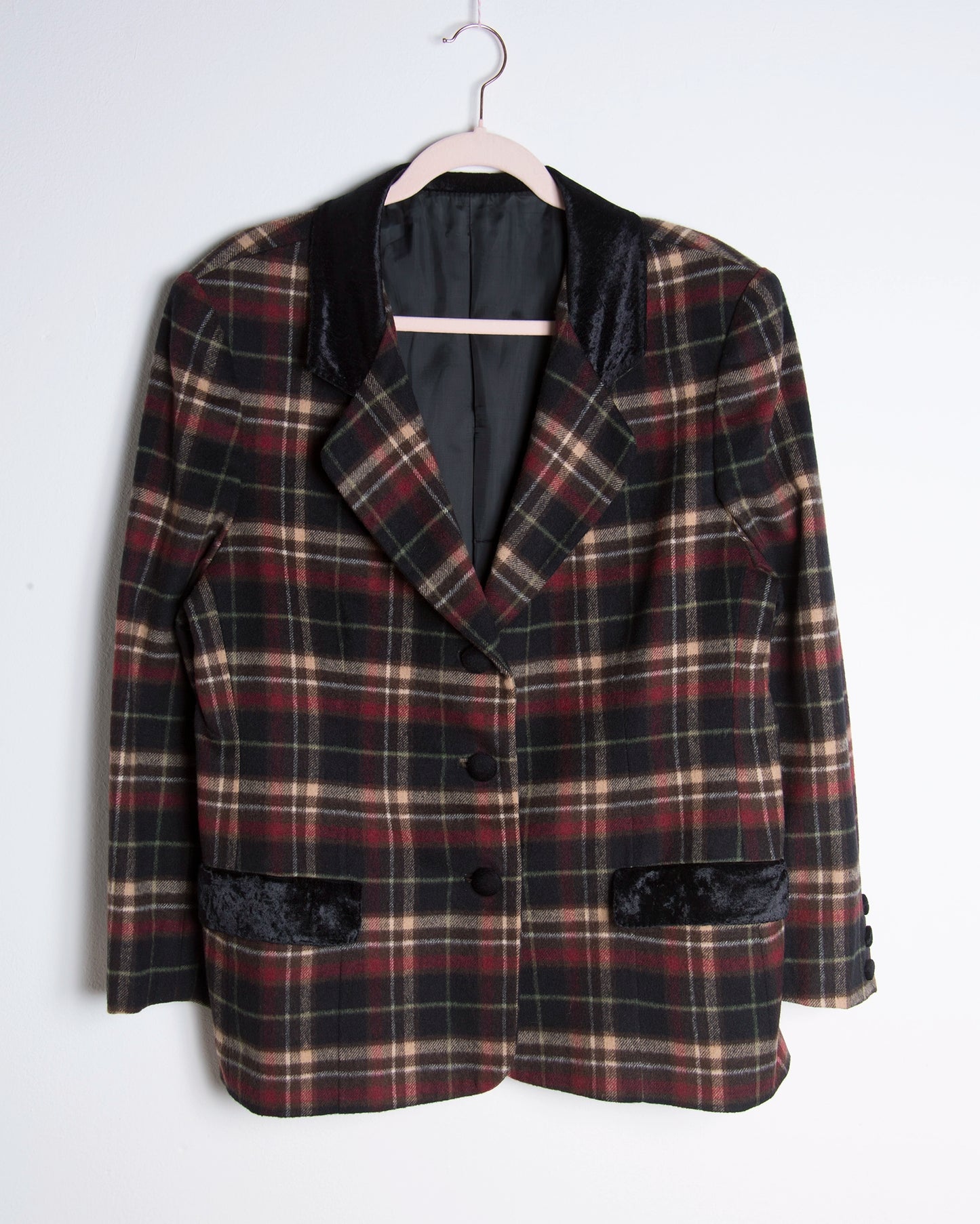 Giacca Blazer scozzese donna in lana con collo in velluto