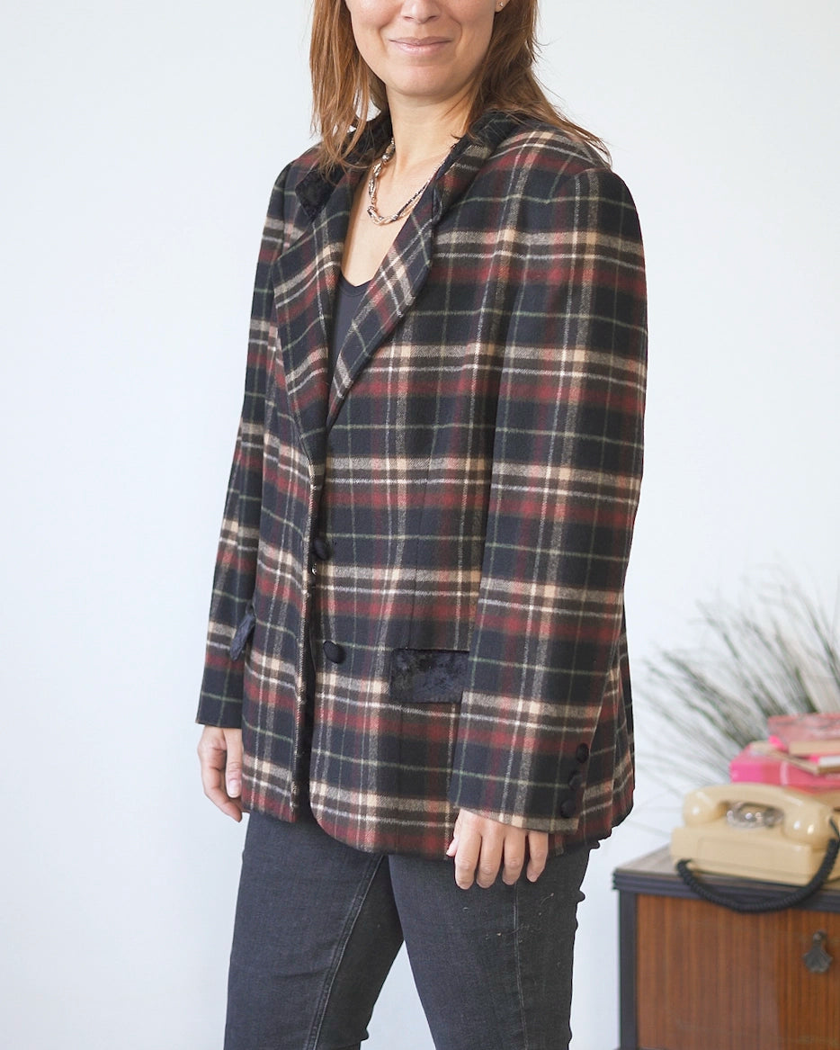 Giacca Blazer scozzese donna in lana con collo in velluto