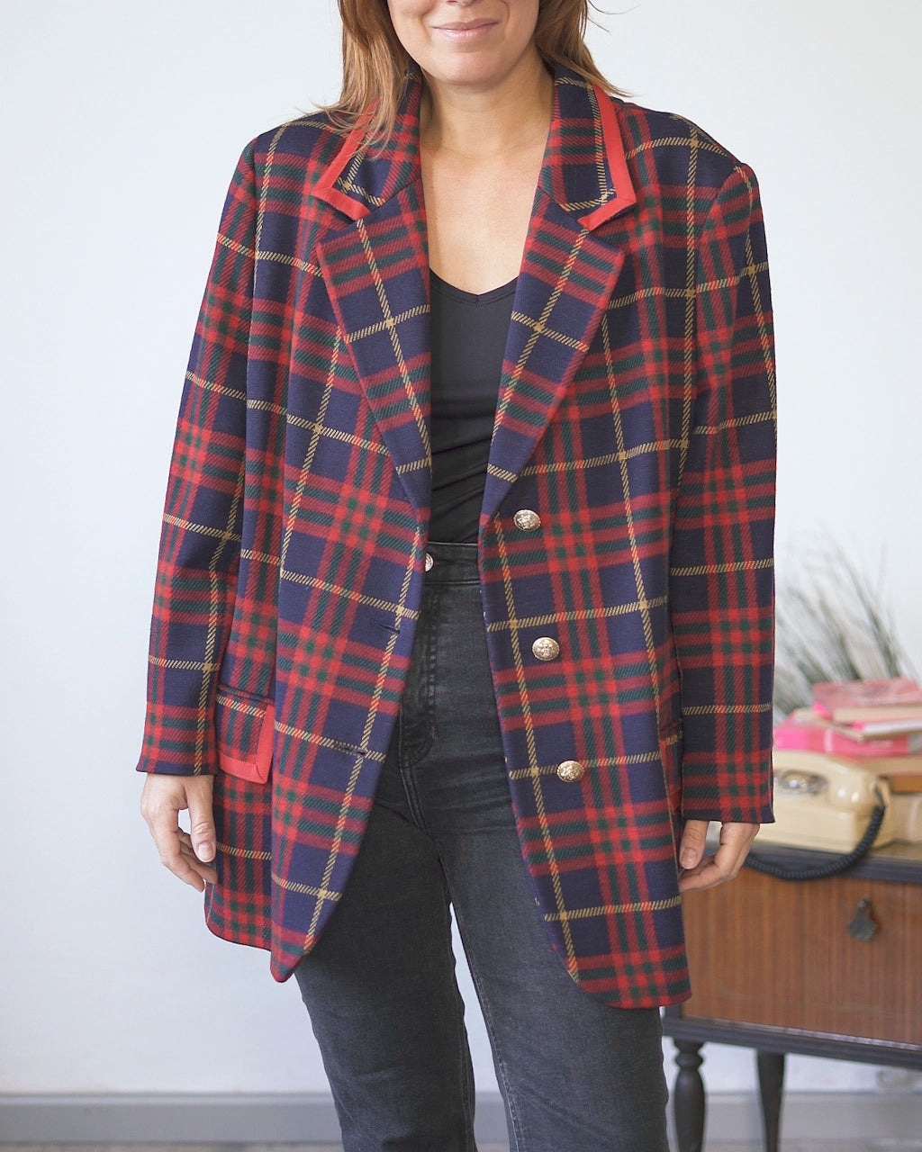 Blazer oversize donna in lana scozzese con dettagli rossi