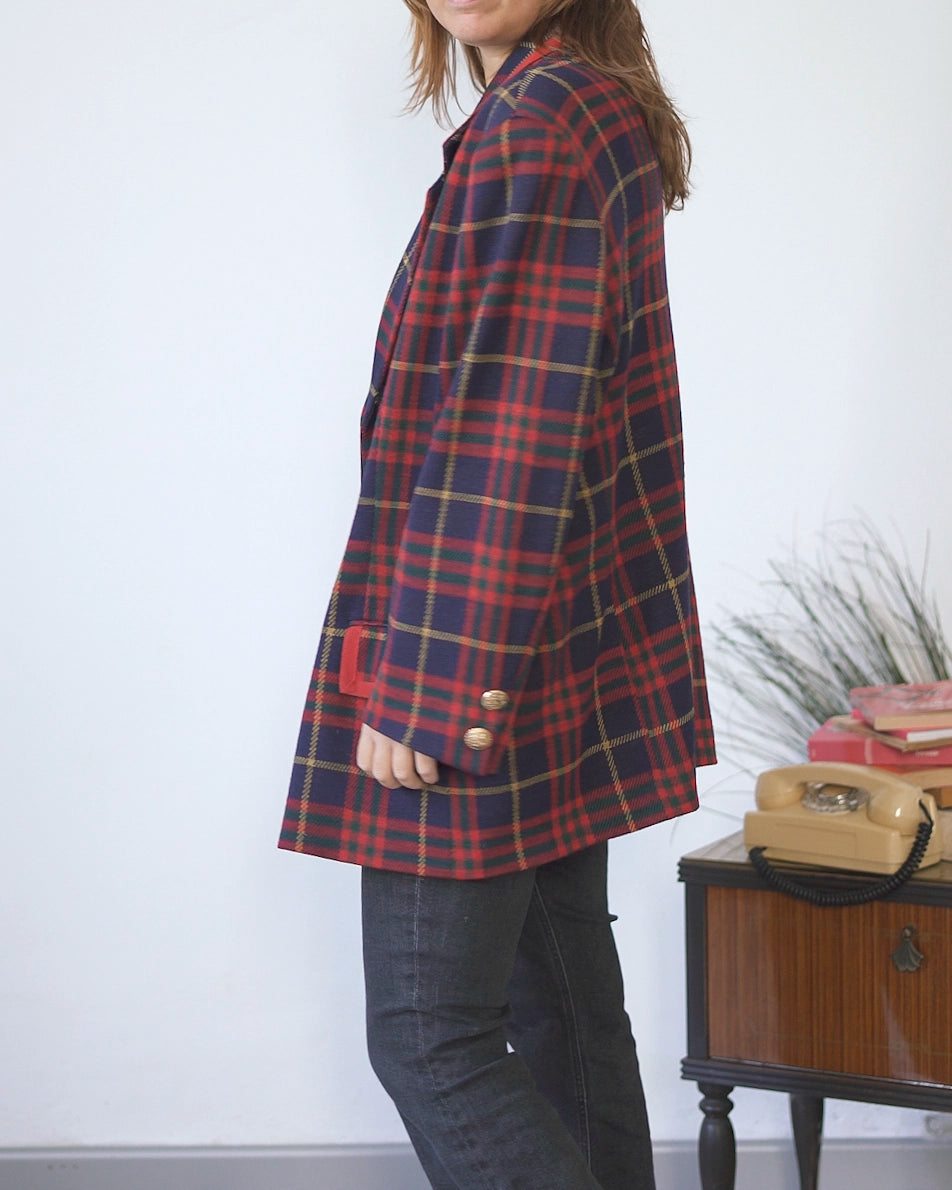Blazer oversize donna in lana scozzese con dettagli rossi
