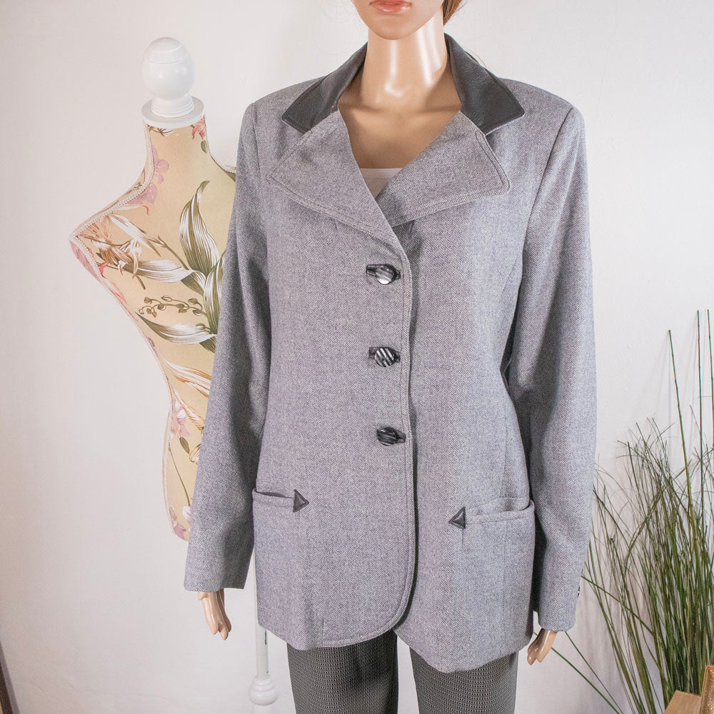 Blazer Vintage a Spina di Pesce con Colletto in Pelle - abbigliamento vintage Rivesty