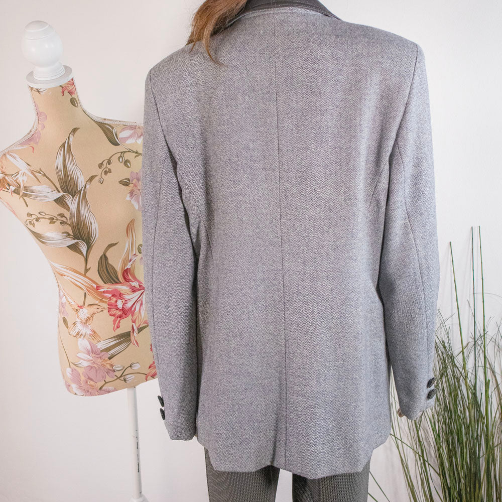 Blazer Vintage a Spina di Pesce con Colletto in Pelle - abbigliamento vintage Rivesty