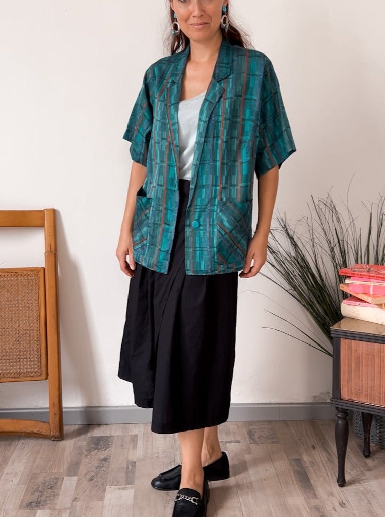 Blazer vintage in lino verde a righe Paul Paret - abbigliamento vintage Rivesty