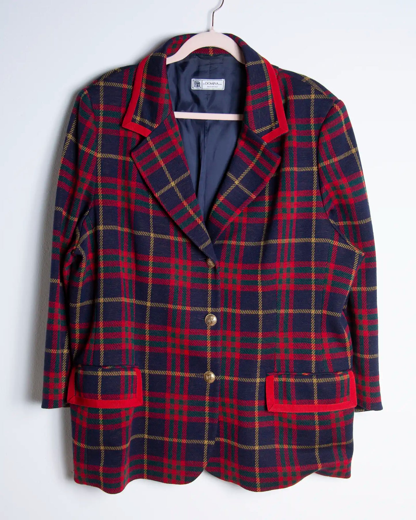 Blazer oversize donna in lana scozzese con dettagli rossi