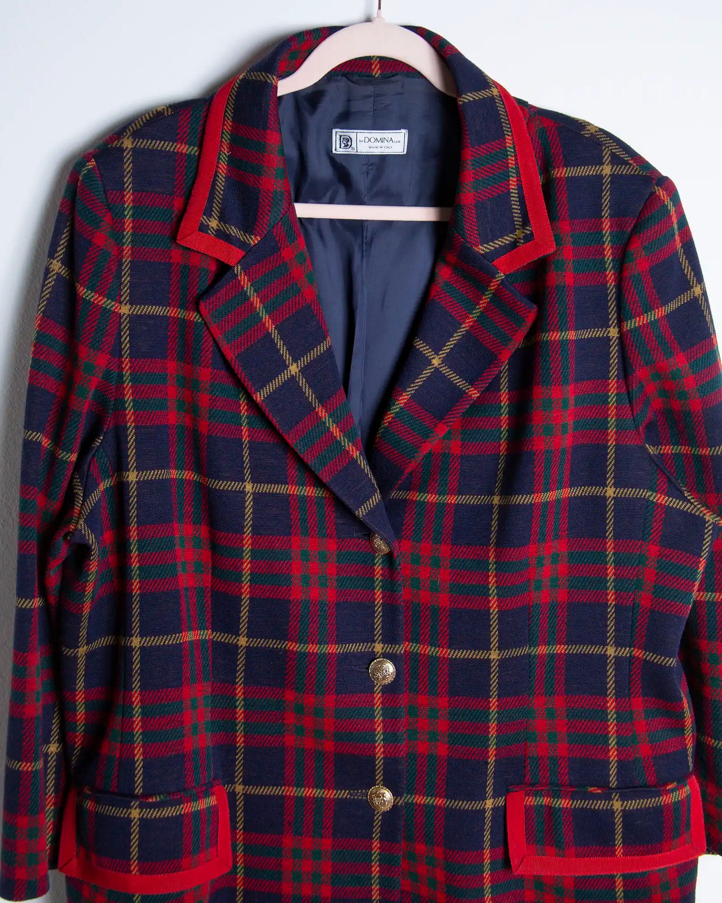 Blazer oversize donna in lana scozzese con dettagli rossi
