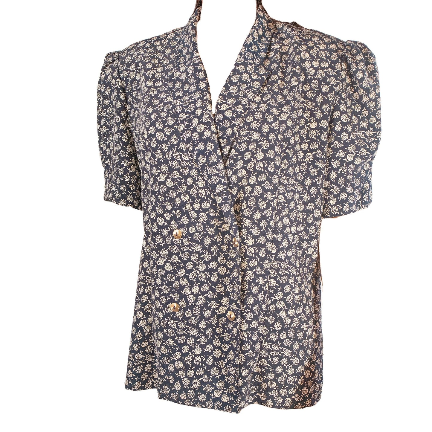 Blusa floreale bianca e blu - abbigliamento vintage Rivesty