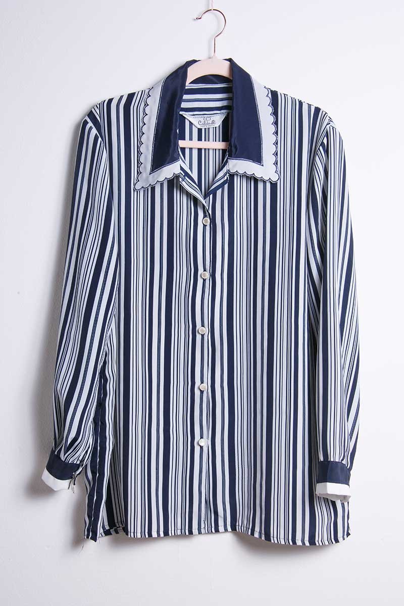 Camicia vintage a righe navy – vestibilità ampia - abbigliamento vintage Rivesty
