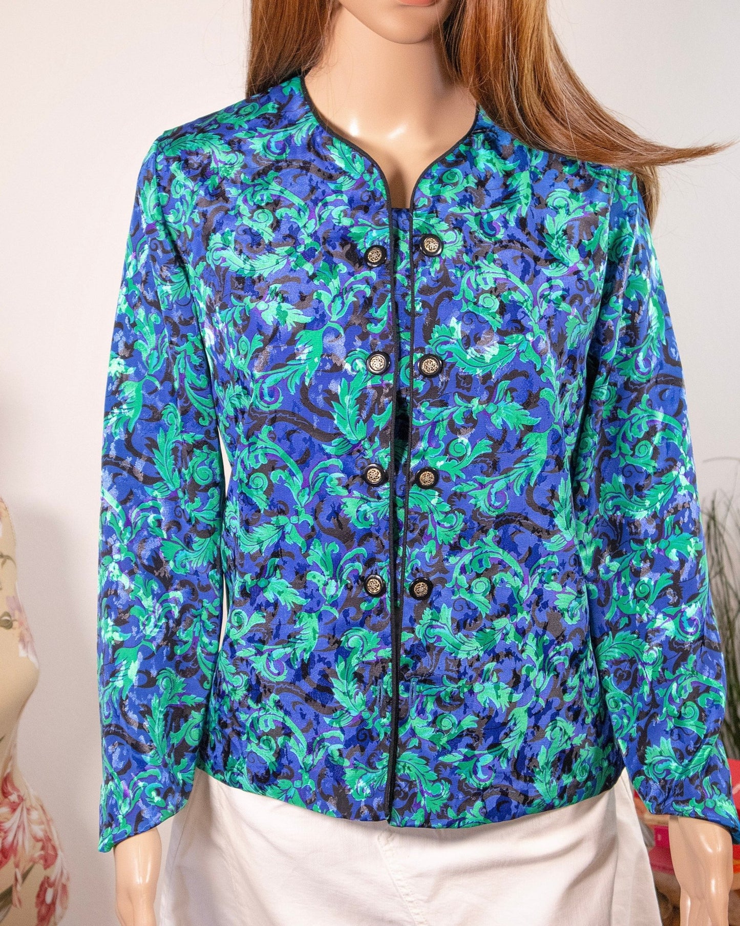 Camicia vintage stile anni '80 blu e viola con trama floreale - abbigliamento vintage Rivesty