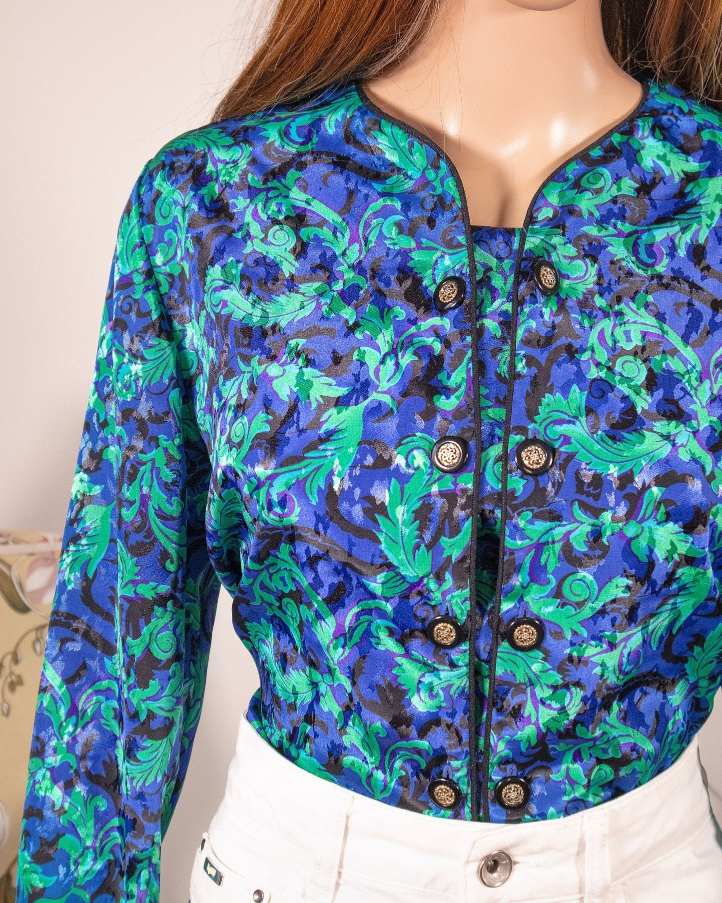 Camicia vintage stile anni '80 blu e viola con trama floreale - abbigliamento vintage Rivesty