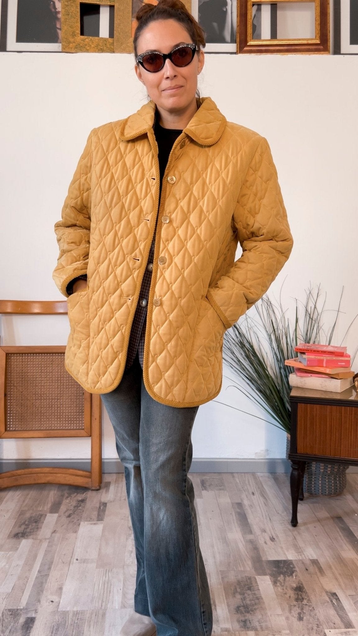 Cappotto Diavolo Rosa trapuntato vintage giallo senape - abbigliamento vintage Rivesty