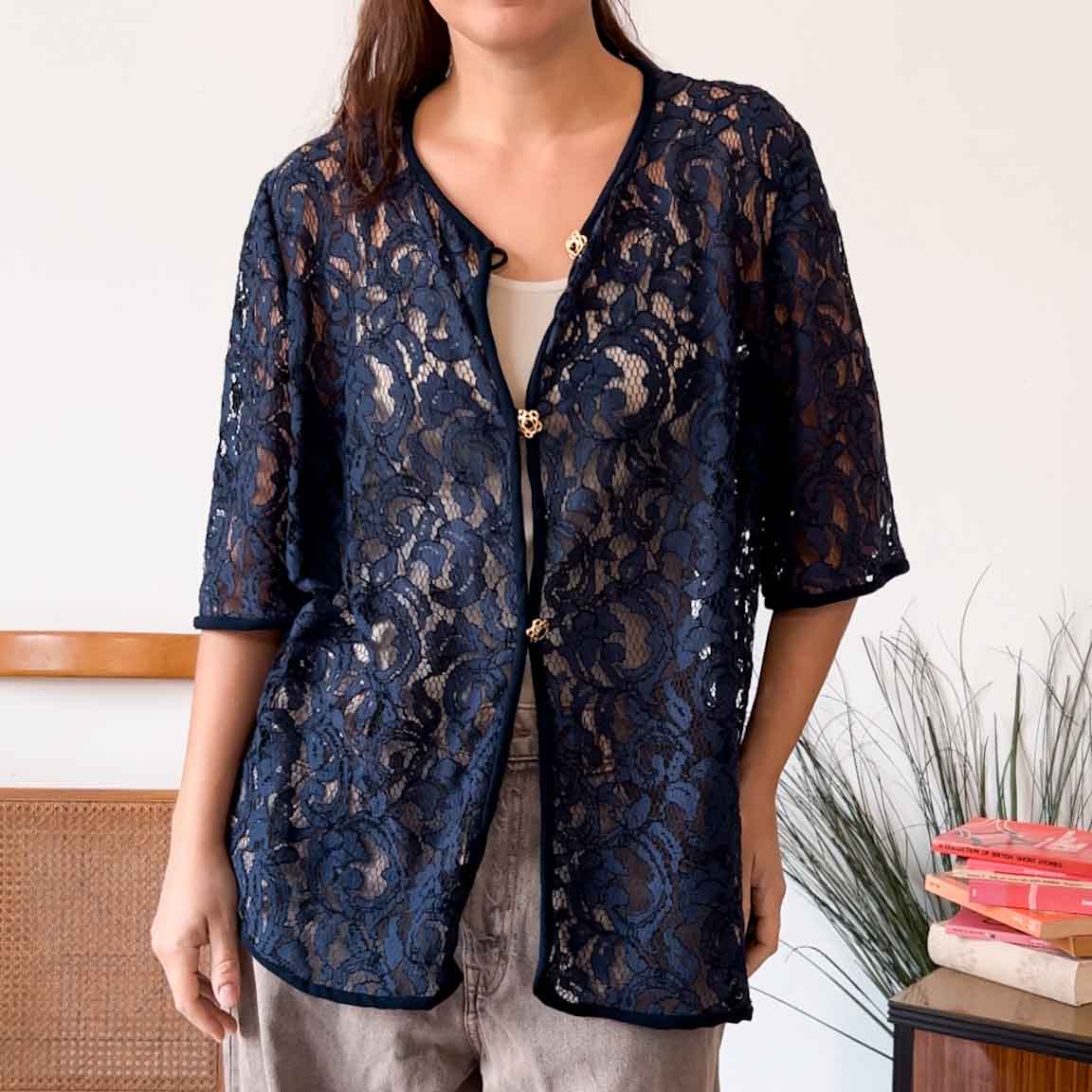 Cardigan vintage in pizzo navy - abbigliamento vintage Rivesty