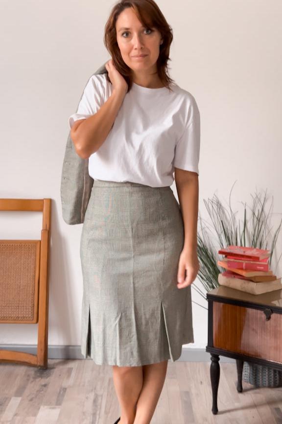 Completo vintage blazer e gonna in lana e seta pied de poule toni del grigio - abbigliamento vintage Rivesty