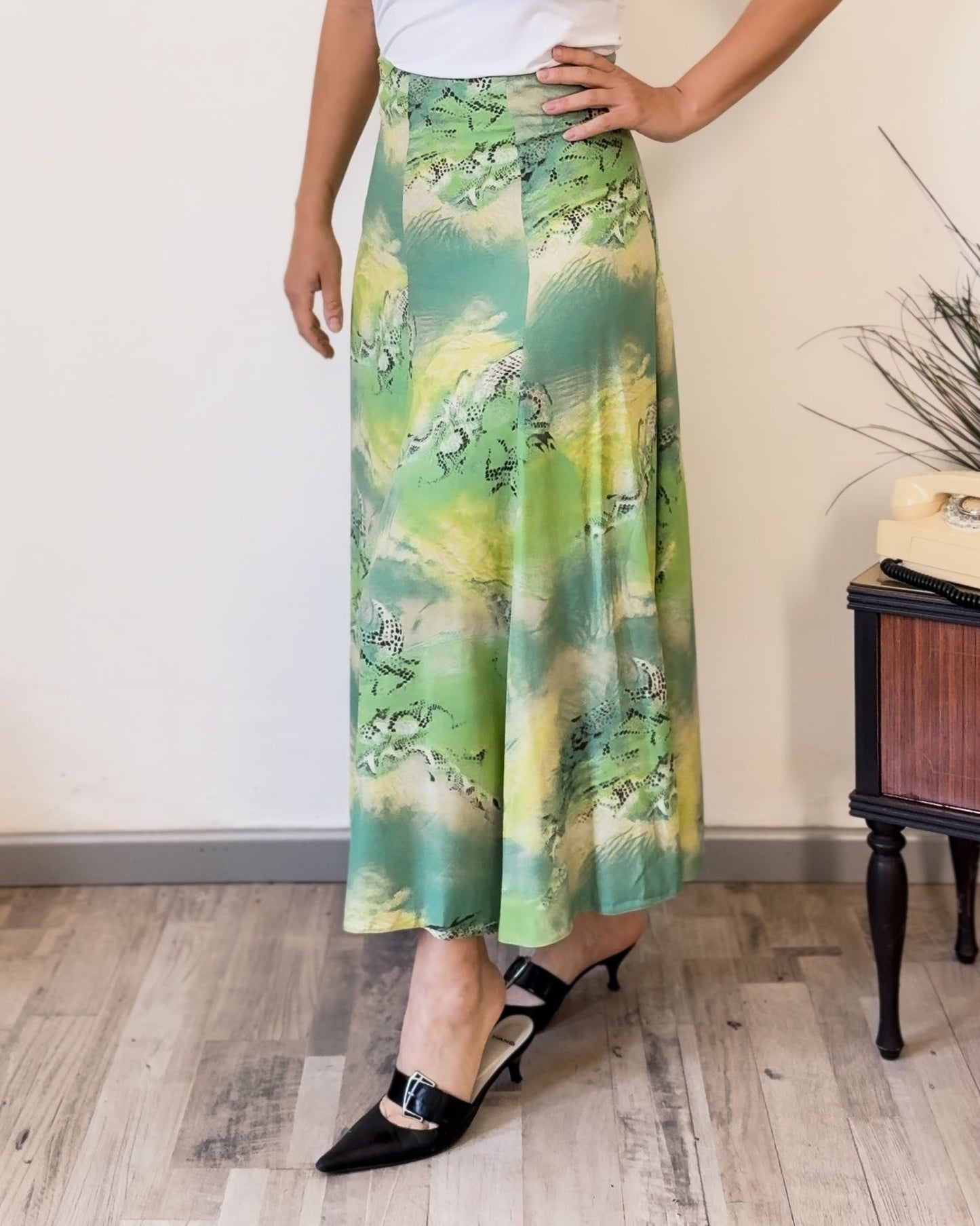 Gonna vintage Araba Fenice Venezia in viscosa – Fantasia verde, taglia 40 | Rivesty Vintage - abbigliamento vintage Rivesty