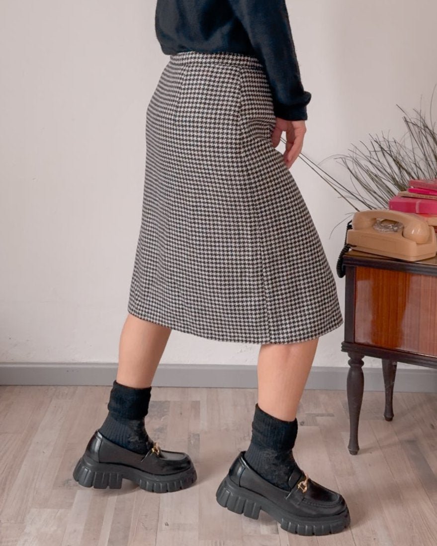Gonna vintage pied de poule con bottoni laterali - abbigliamento vintage Rivesty
