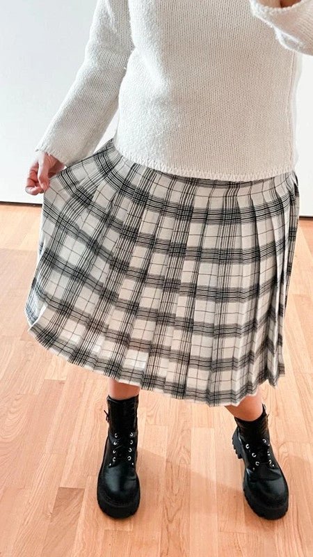 Gonna vintage plissettata tartan bianco nero - abbigliamento vintage Rivesty