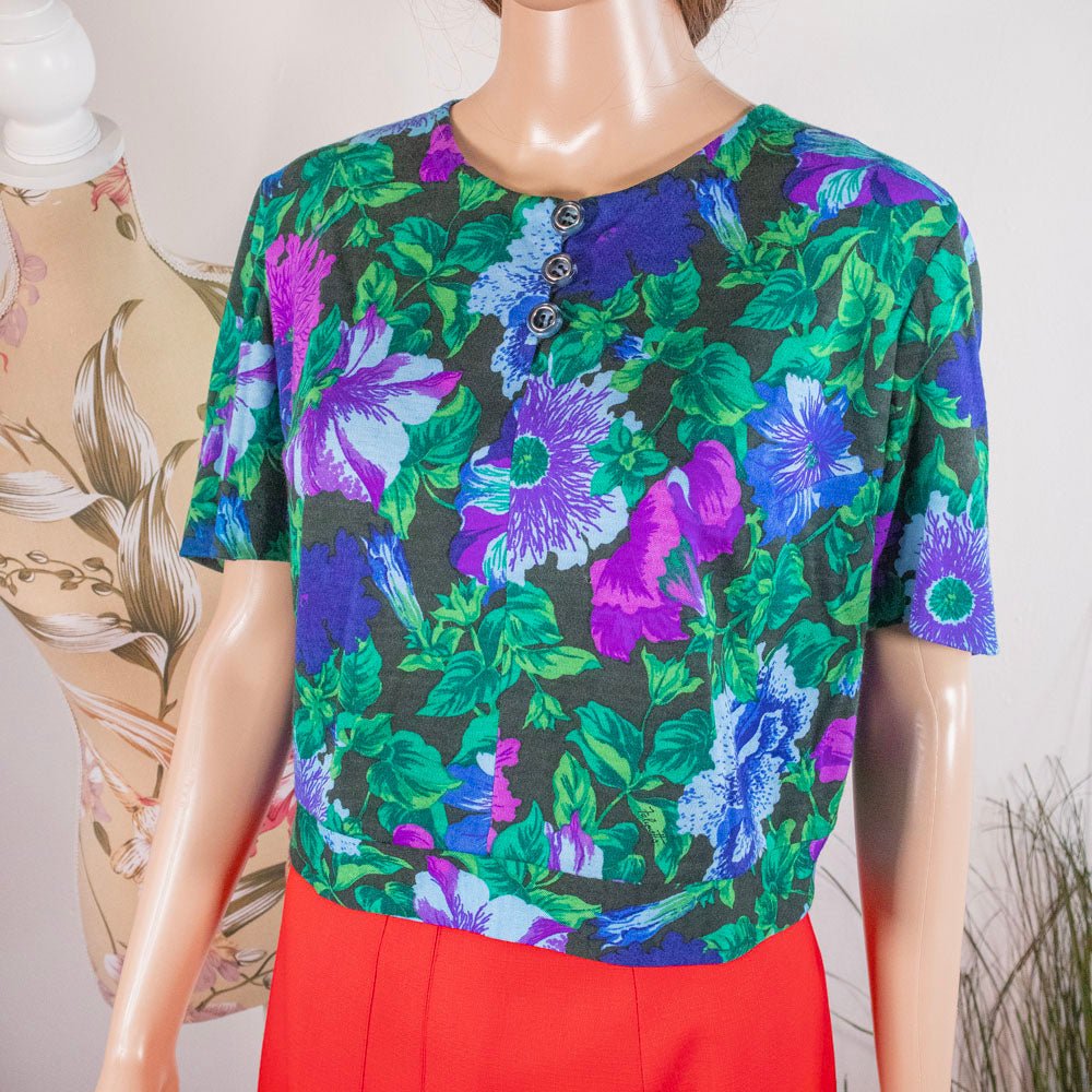 Maglia floreale vintage tessuto Falconetto blu verde viola - abbigliamento vintage Rivesty