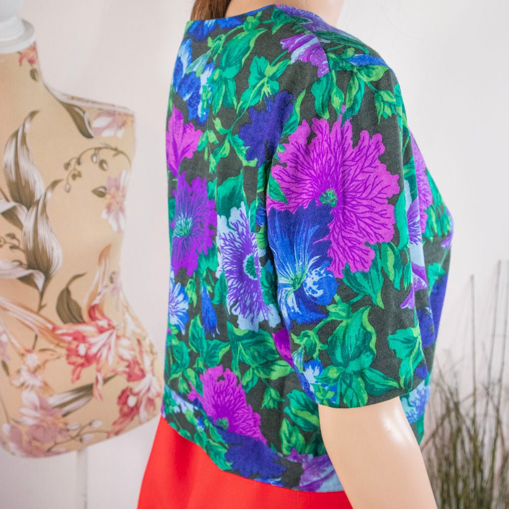 Maglia floreale vintage tessuto Falconetto blu verde viola - abbigliamento vintage Rivesty
