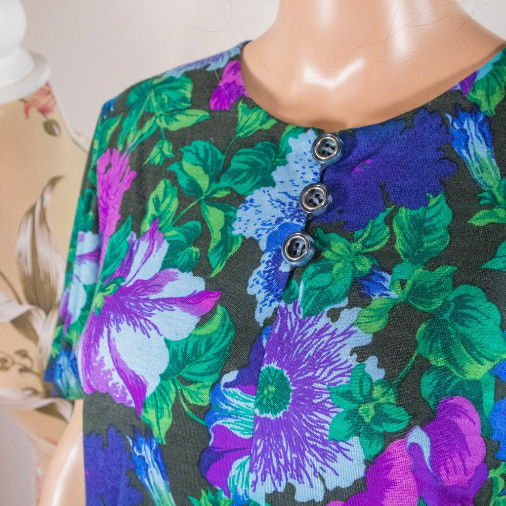 Maglia floreale vintage tessuto Falconetto blu verde viola - abbigliamento vintage Rivesty