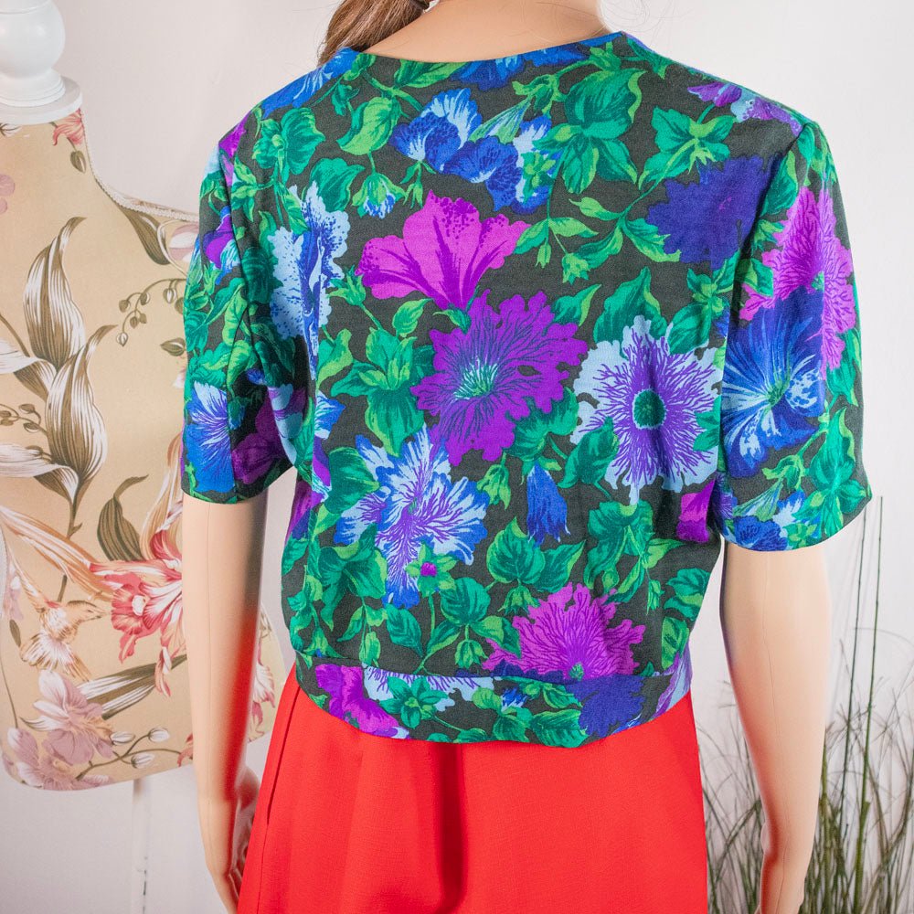 Maglia floreale vintage tessuto Falconetto blu verde viola - abbigliamento vintage Rivesty
