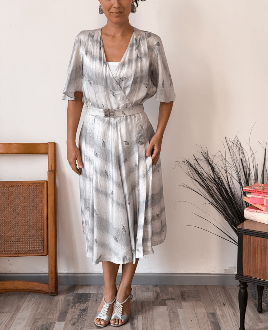 Vestito vintage seta bianco perlato geometrico - abbigliamento vintage Rivesty