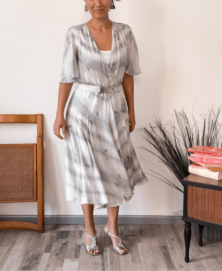 Vestito vintage seta bianco perlato geometrico - abbigliamento vintage Rivesty