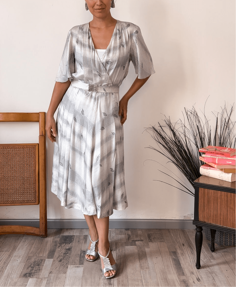 Vestito vintage seta bianco perlato geometrico - abbigliamento vintage Rivesty