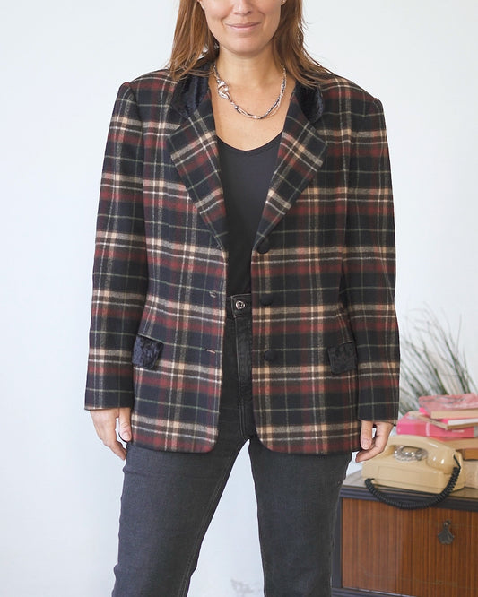 Giacca Blazer scozzese donna in lana con collo in velluto
