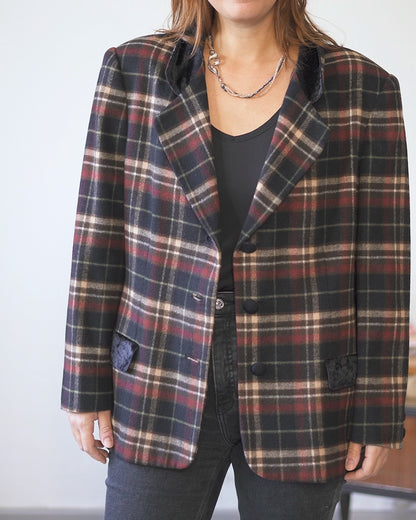 Giacca Blazer scozzese donna in lana con collo in velluto