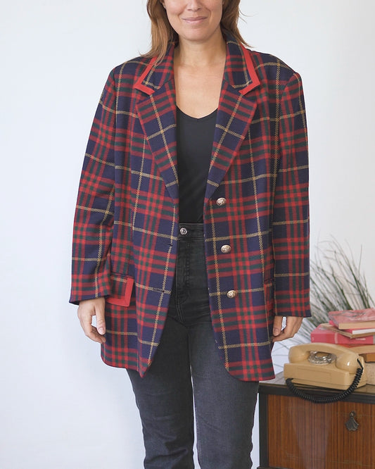 Blazer oversize donna in lana scozzese con dettagli rossi