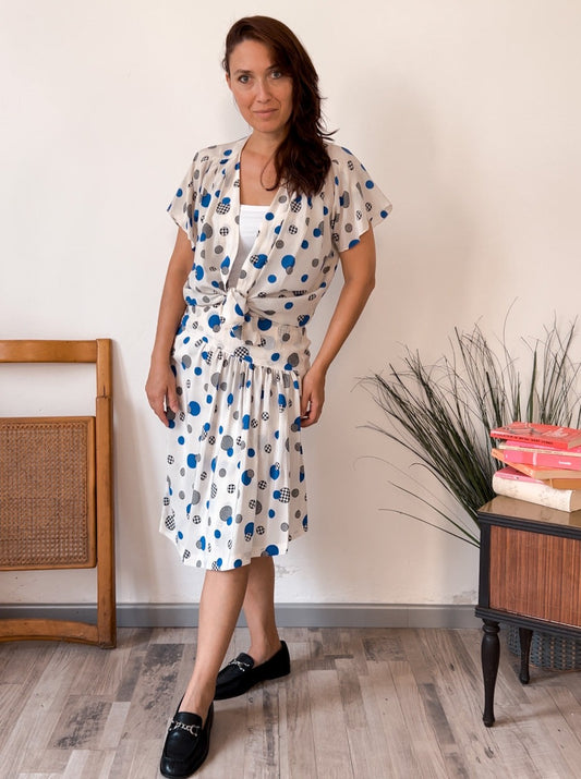 Completo vintage blazer e gonna in seta a pallini blu e neri - Rivesty Vintage