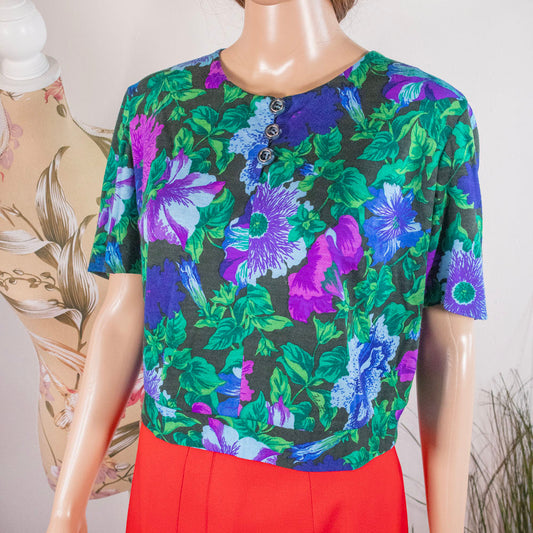 Maglia floreale vintage tessuto Falconetto blu verde viola Rivesty Vintage