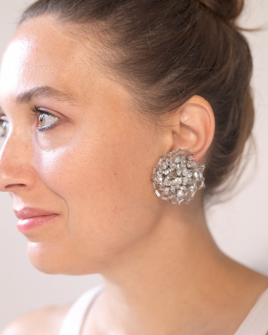 Orecchini vintage a clip argento con perline trasparenti – Bigiotteria anni ’70/’80