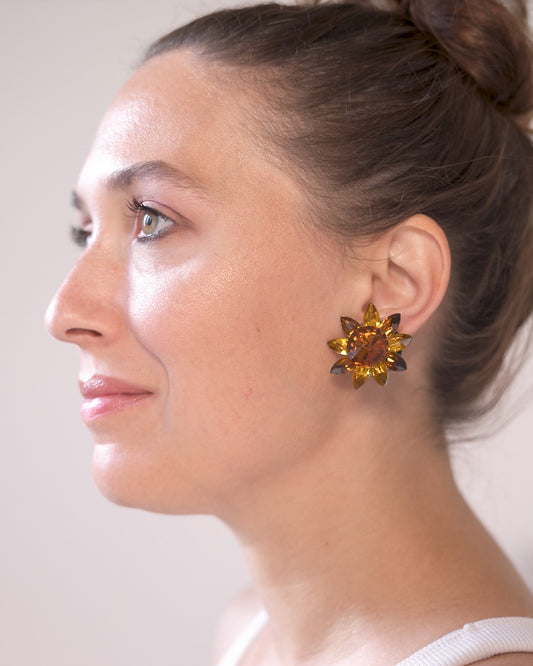 Orecchini vintage a clip fiore cristallo ambrato – Bigiotteria anni ’80