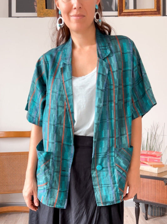 Blazer vintage in lino verde a righe Paul Paret - abbigliamento vintage Rivesty