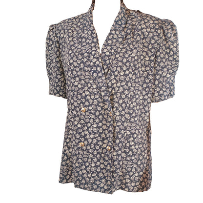 Blusa floreale bianca e blu - abbigliamento vintage Rivesty