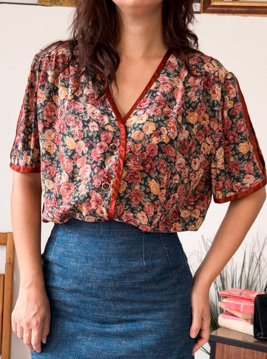 Blusa vintage in seta floreale anni 80 – Taglia M - abbigliamento vintage Rivesty