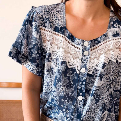 Camicetta vintage fantasia floreale e pizzo bianco - abbigliamento vintage Rivesty