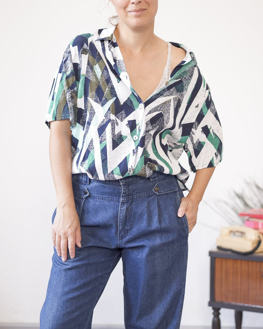 Camicia vintage donna oversize – fantasia astratta – Made in Italy anni ‘90 - abbigliamento vintage Rivesty