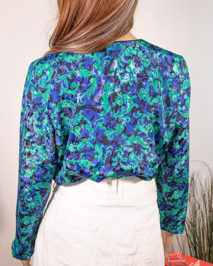 Camicia vintage stile anni '80 blu e viola con trama floreale - abbigliamento vintage Rivesty