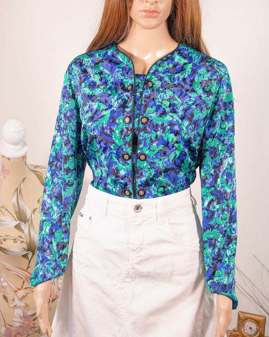 Camicia vintage stile anni '80 blu e viola con trama floreale - abbigliamento vintage Rivesty
