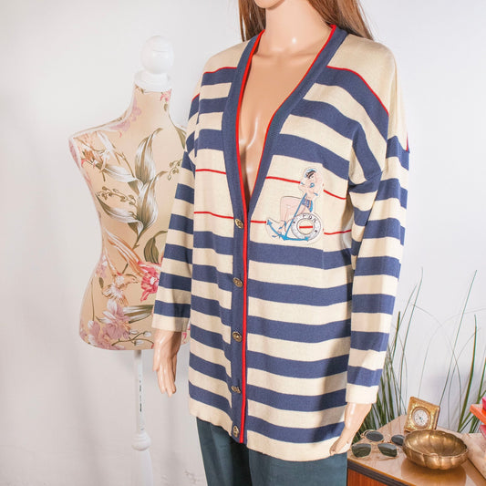 Cardigan vintage 100% lana con pinup navy - abbigliamento vintage Rivesty