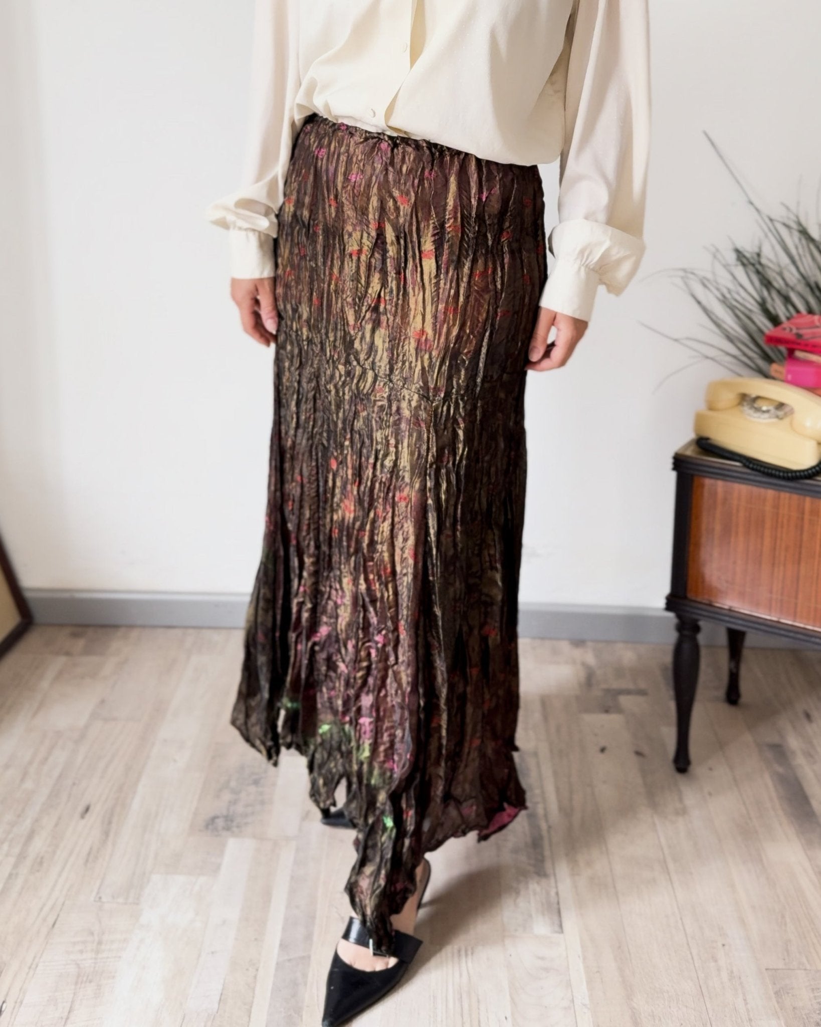 Gonna lunga vintage – fantasia multicolor iridescente – Made in Italy in viscosa - abbigliamento vintage Rivesty