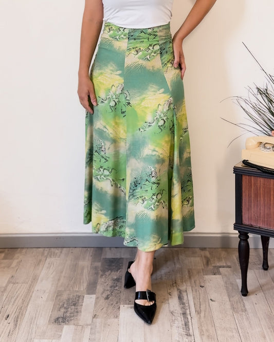Gonna vintage Araba Fenice Venezia in viscosa – Fantasia verde, taglia 40 | Rivesty Vintage - abbigliamento vintage Rivesty