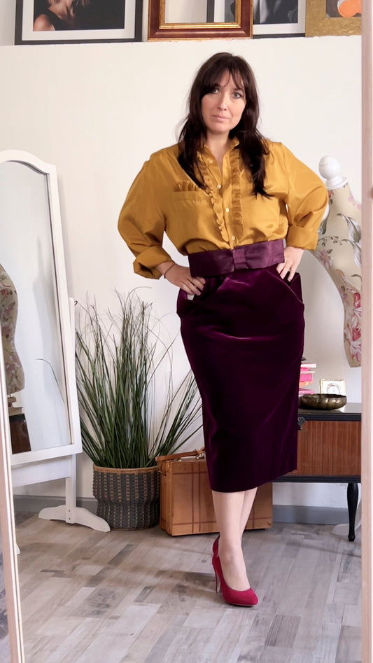Gonna vintage con fiocco color viola melanzana - abbigliamento vintage Rivesty