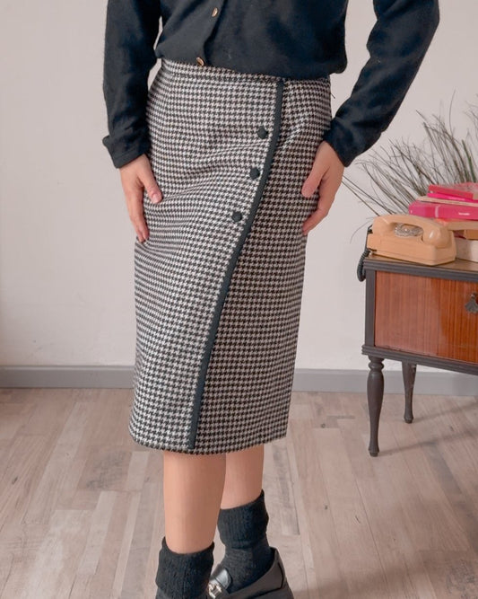 Gonna vintage pied de poule con bottoni laterali - abbigliamento vintage Rivesty