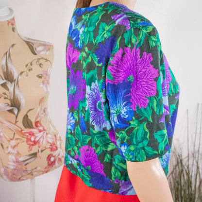 Maglia floreale vintage tessuto Falconetto blu verde viola - abbigliamento vintage Rivesty