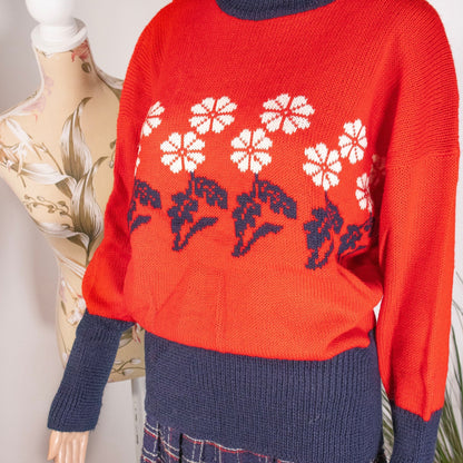 Maglione preloved rosso e blu con fiori - abbigliamento vintage Rivesty