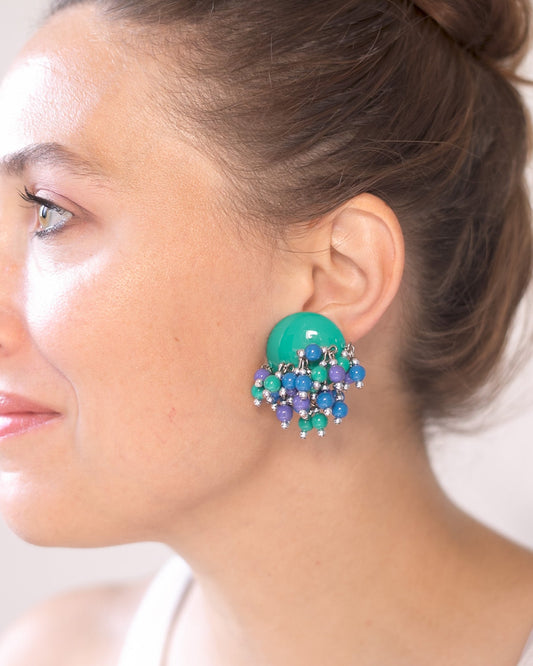 Orecchini vintage a clip con perline colorate – Verde, blu e lilla – Bigiotteria anni ’80 - abbigliamento vintage Rivesty