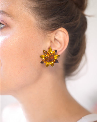 Orecchini vintage a clip fiore cristallo ambrato – Bigiotteria anni ’80 - abbigliamento vintage Rivesty